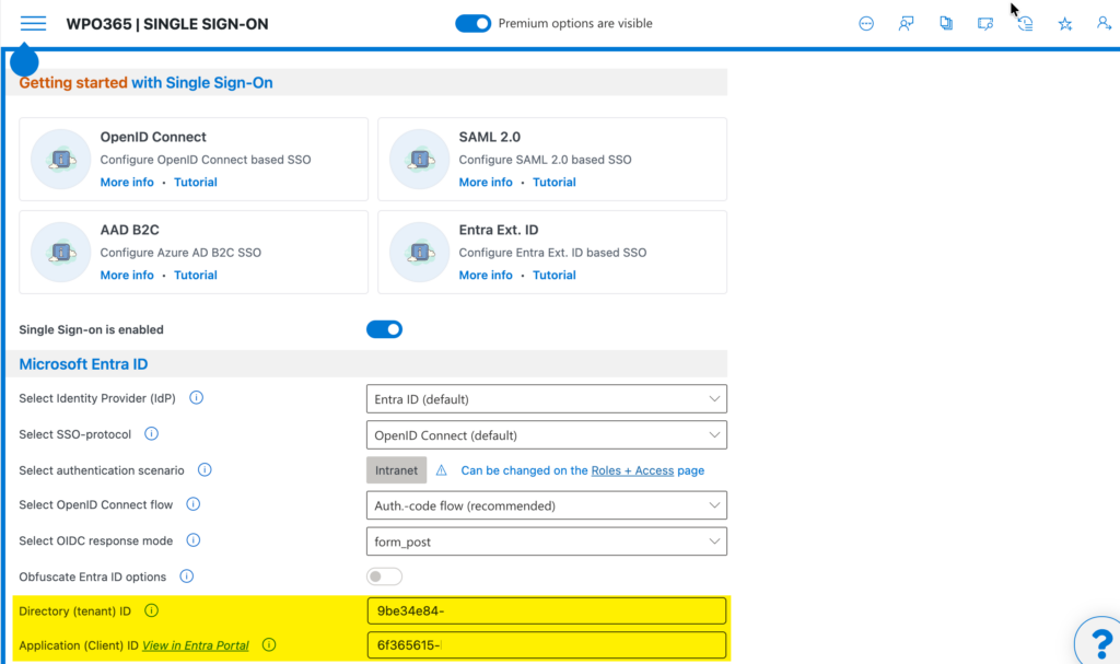 Screenshot of how to copy required IDs from Entra to the WPO365 plugin configuration.