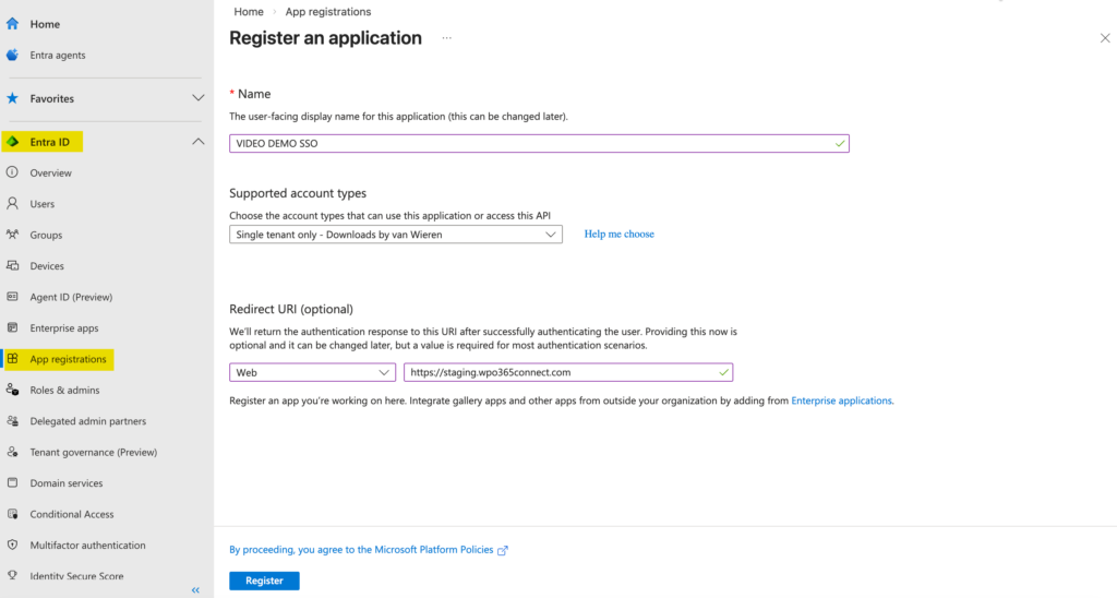 Screenshot how to register your WordPress website in Entra ID.