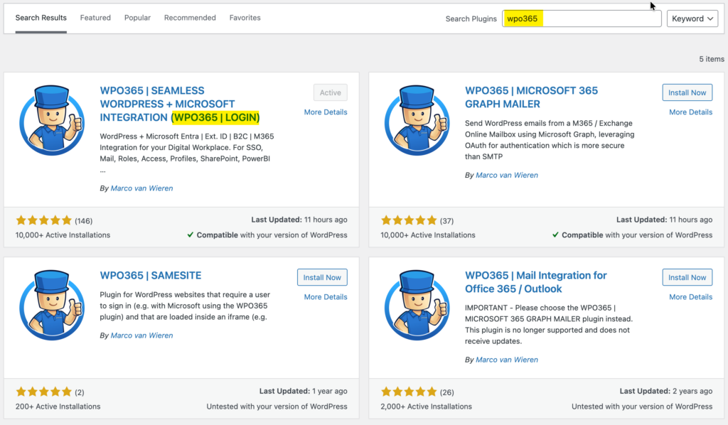 Screenshot of the WordPress Plugins Directory when searching for WPO365 (Installation and Prerequisites)