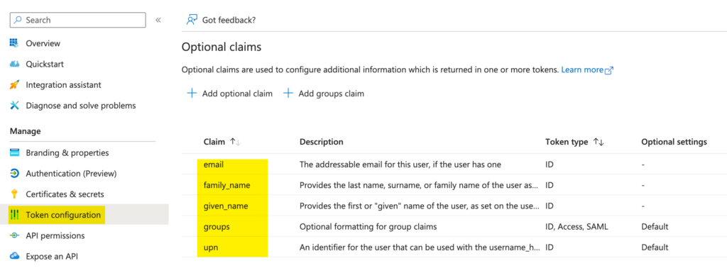 Screenshot how to configure ID token claims.