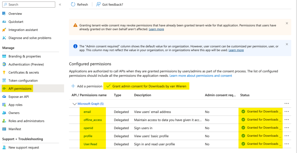 Screenshot of how to configure API permissions.