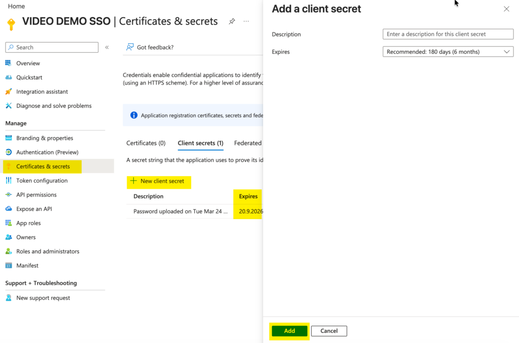 Screenshot of how to create an Application Client Secret