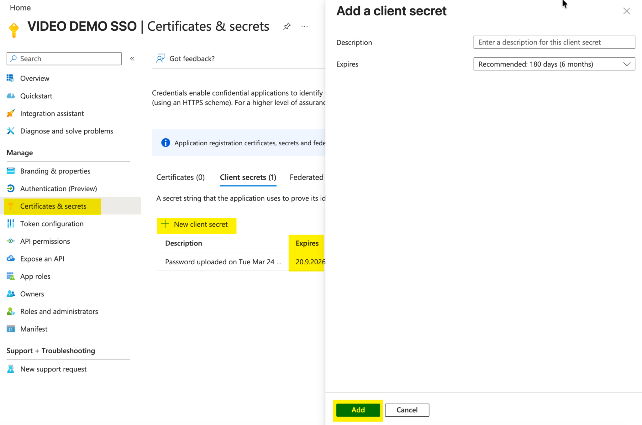 Screenshot how to create an application client secret.