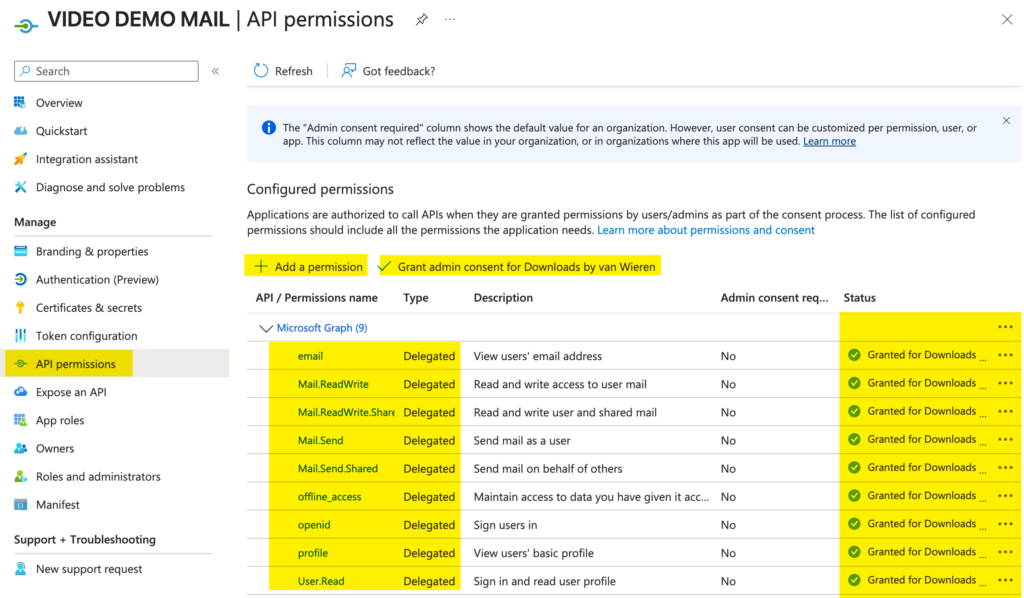 Screenshot: Configure API Permissions, when planning to send WordPress emails from any Microsoft 365 (Shared) Mailbox using Microsoft Graph