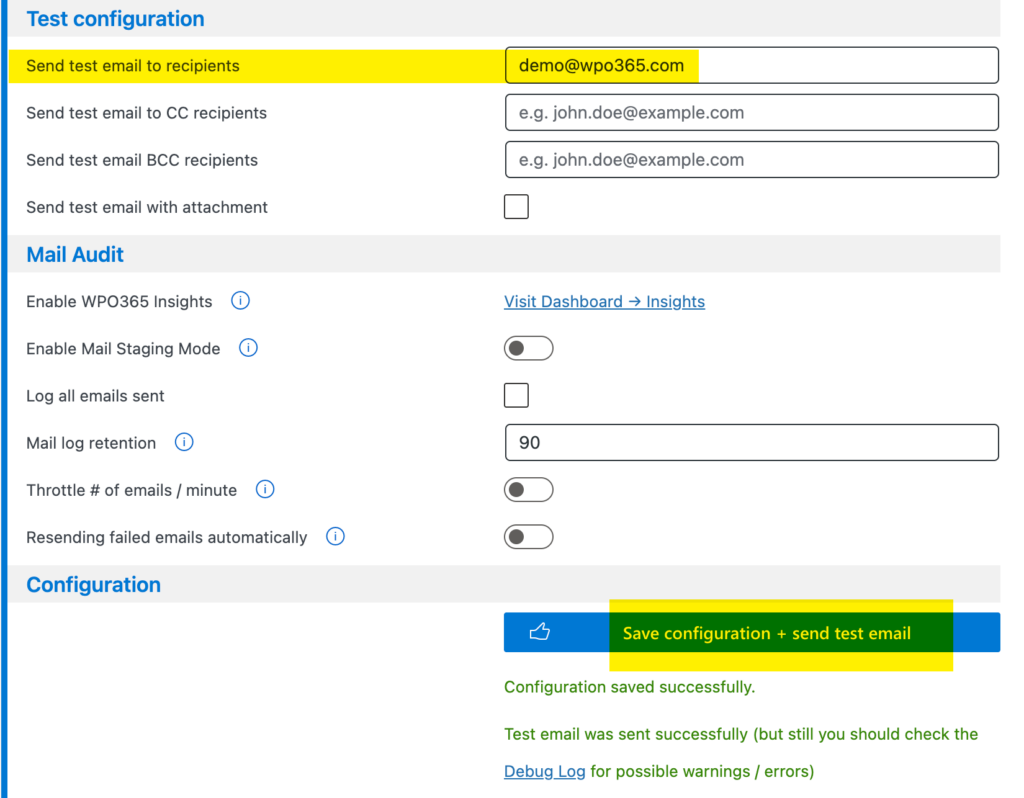 Send a test email when you finished the configuration to send WordPress emails from any Microsoft 365 (Shared) Mailbox using Microsoft Graph
