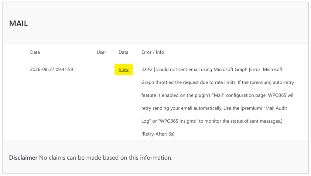 WPO365 | Insights indicating that an email was not sent successfully after a 429 ApplicationThrottled error.