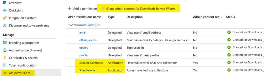 Embed a SharePoint Library for your customers (without User Sign-in) - Add application permissions.