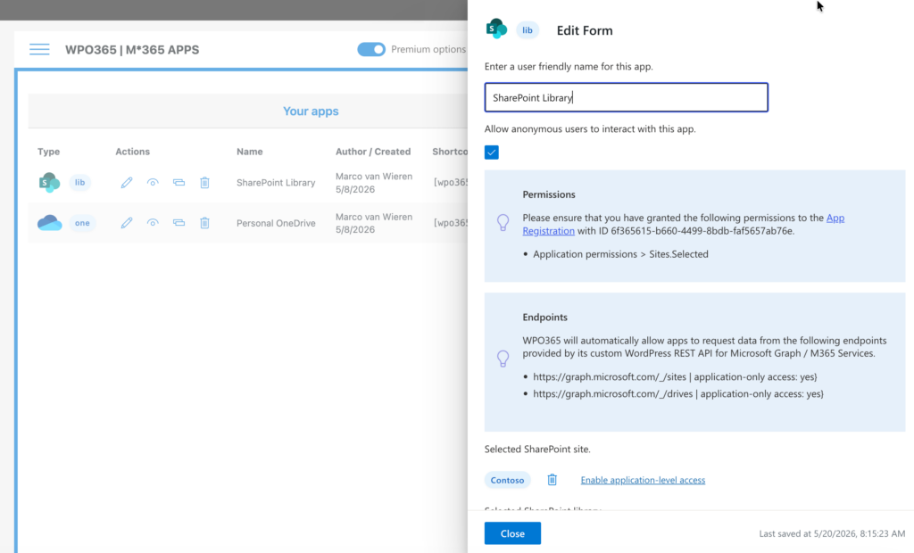 Embed a SharePoint Library in WordPress - Example of creating an embed configuration.