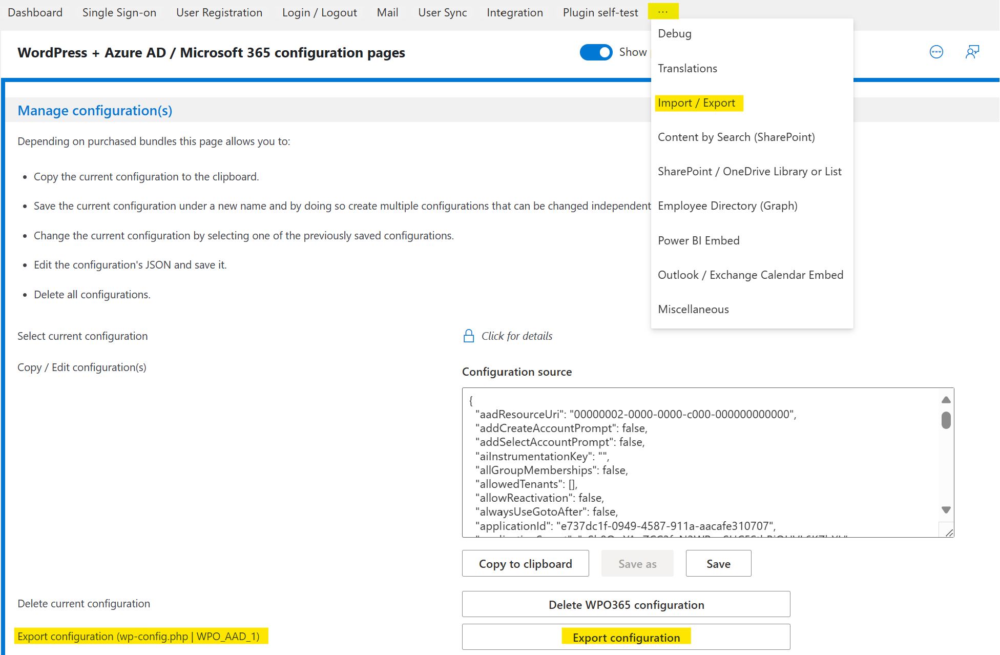 Export a configuration - Tutorials for WordPress–Microsoft integration