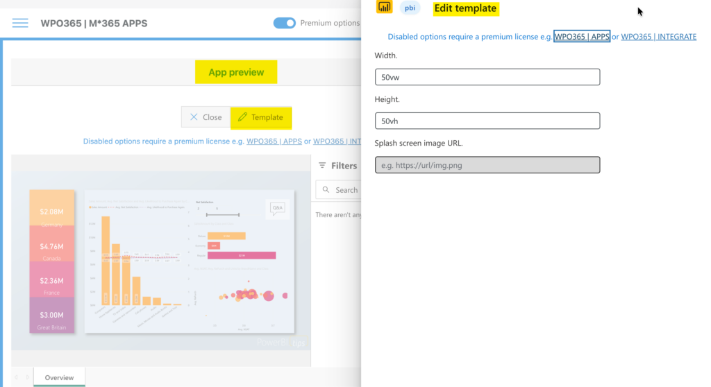 Steps to embed Power BI for your organization - Template settings.