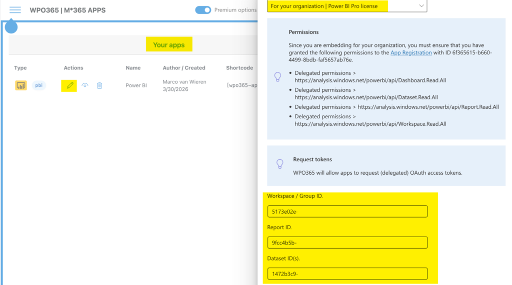 Steps to embed Power BI for your organization - Visually configuring the Embed Configuration.