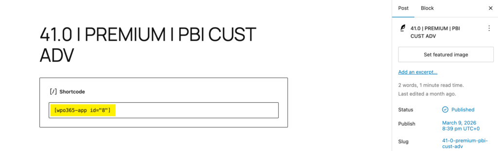 Steps to embed Power BI for your organization - Embed shortcode in page.