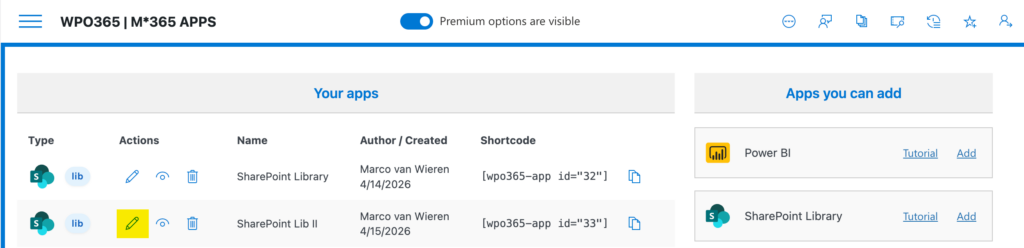 The pencil icon a user must click to open the configuration panel when embedding a SharePoint library for your organization.