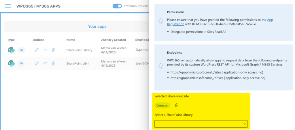 Selecting a site and library when embedding a SharePoint Library for your organization.