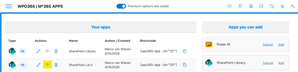 The preview icon you must click when you embed a SharePoint Library for your organization.