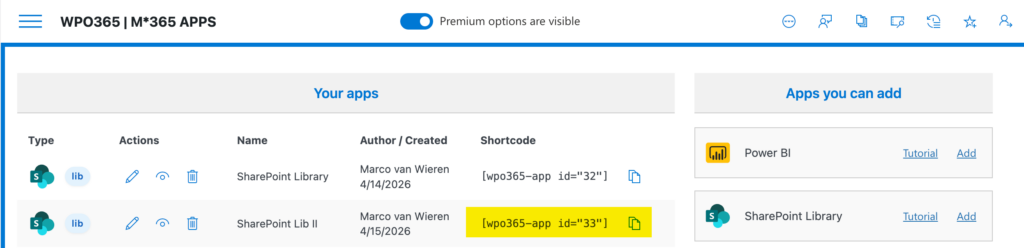 Copy the shortcode when embedding a SharePoint Library for your organization.