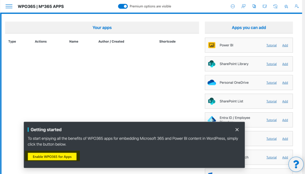 Enable M*365 embed-apps for WordPress when embedding a SharePoint Library for your organization.
