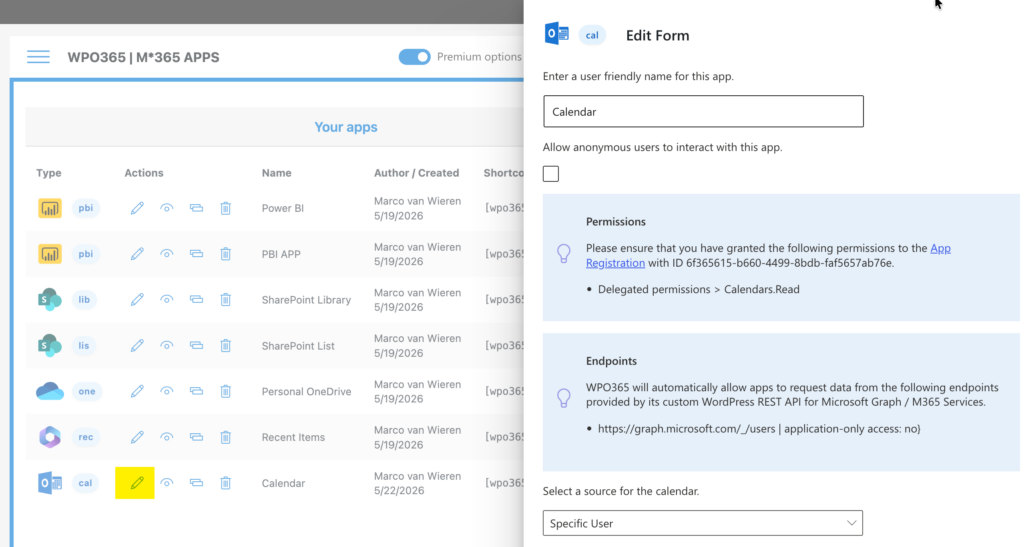 Embed an Outlook / Exchange calendar in WordPress for your organization - Configure the ap to embed a calendar.