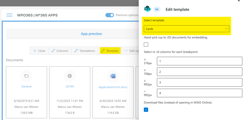 Customize display options for embedded SharePoint items - Change the template.