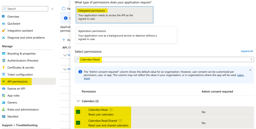 Embed an Outlook / Exchange calendar in WordPress for your organization - Grant API Permissions to users to read events in user calendars.