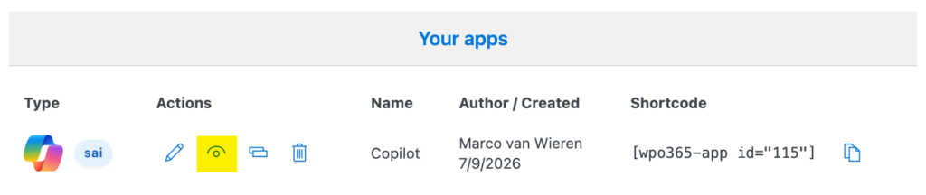 Preview, test and use the Copilot app in WordPress - Preview icon button