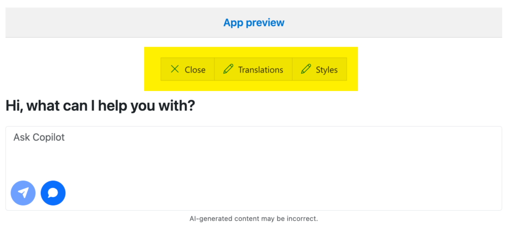 Preview, test and use the Copilot app in WordPress - Preview panel toolbar with close, translations and styles buttons