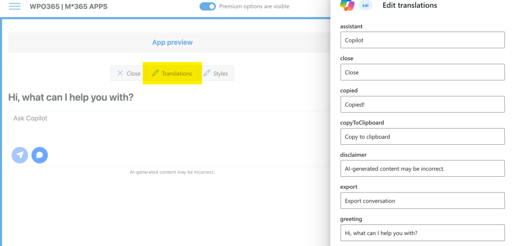 Preview, test and use the Copilot app in WordPress - Edit translations