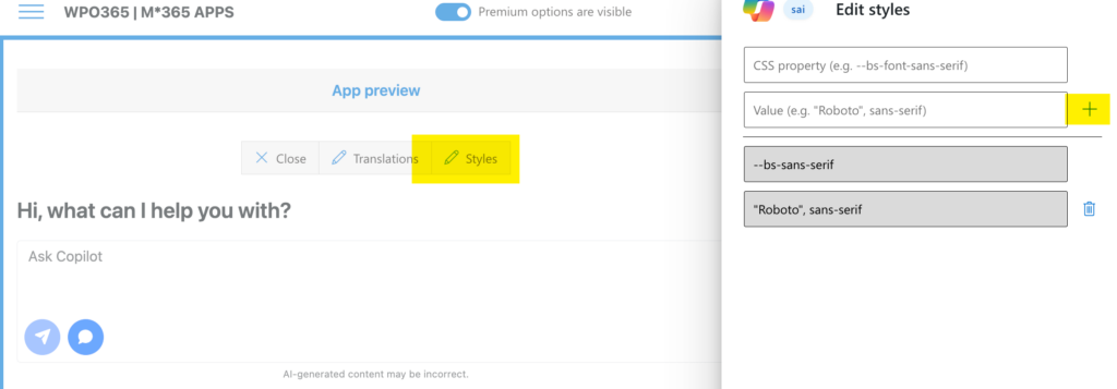 Preview, test and use the Copilot app in WordPress - Edit Bootstrap CSS variables