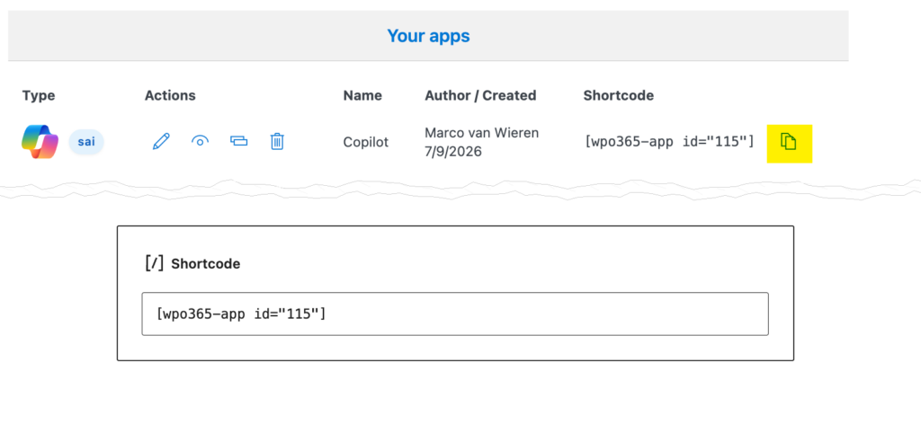 Preview, test and use the Copilot app in WordPress - Copy shortcode and paste it in WordPress