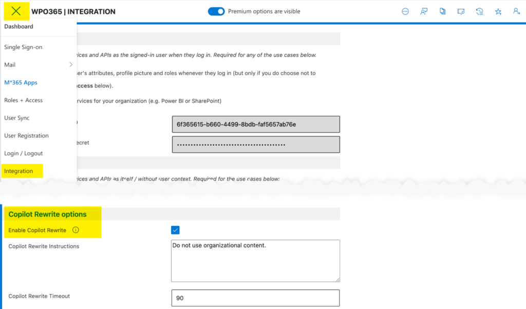 Enable Copilot Rewrite in WordPress - WO365 Integration configuration page.