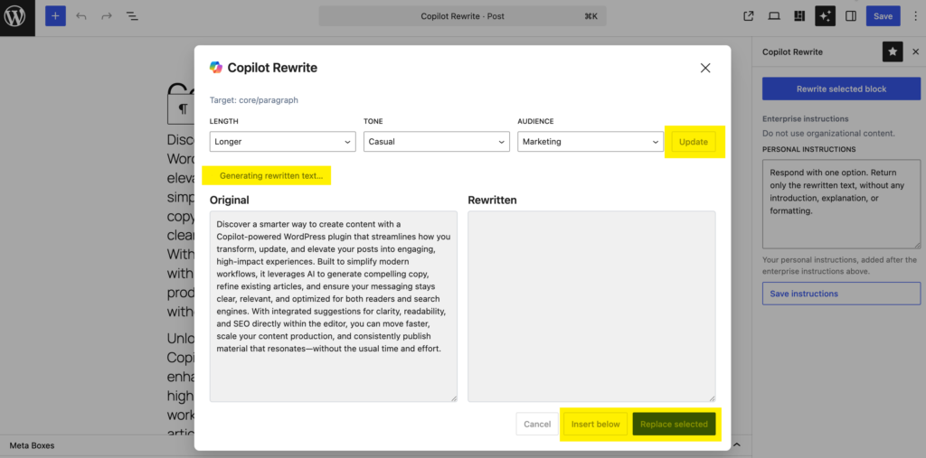 Instructions to use Copilot Rewrite - Generating rewritten text.